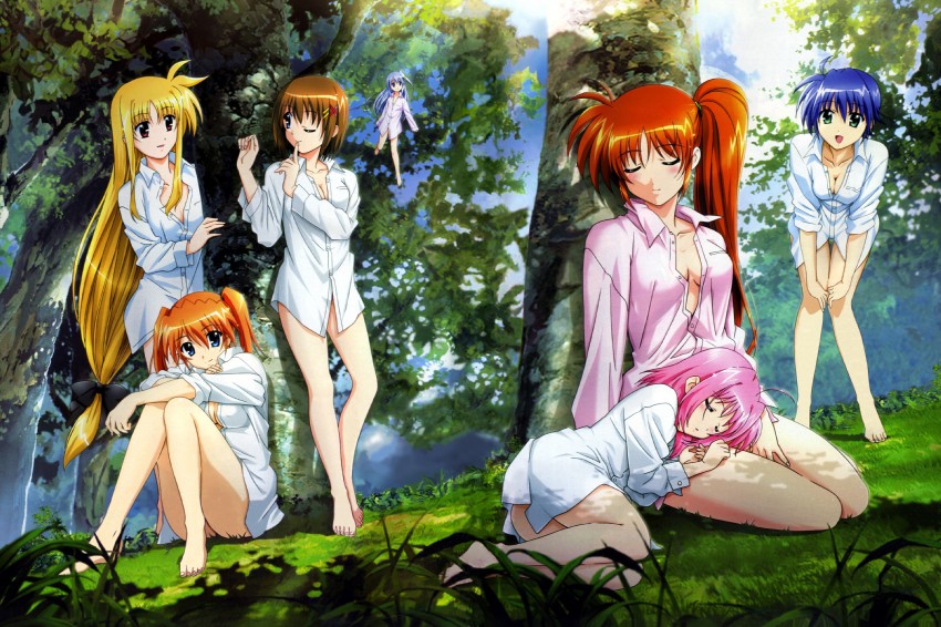 fate testarossa, takamachi nanoha, yagami hayate, subaru nakajima, reinforce zwei, and 2 more (lyrical nanoha and 1 more) drawn by okuda_yasuhiro