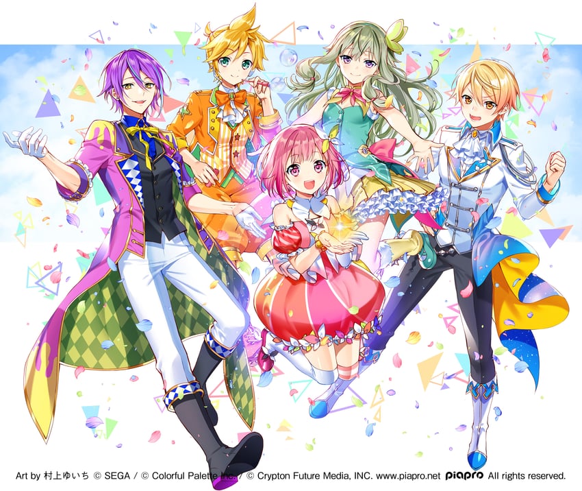 kagamine len, ootori emu, tenma tsukasa, kusanagi nene, kamishiro rui, and 1 more (vocaloid and 1 more) drawn by murakami_yuichi