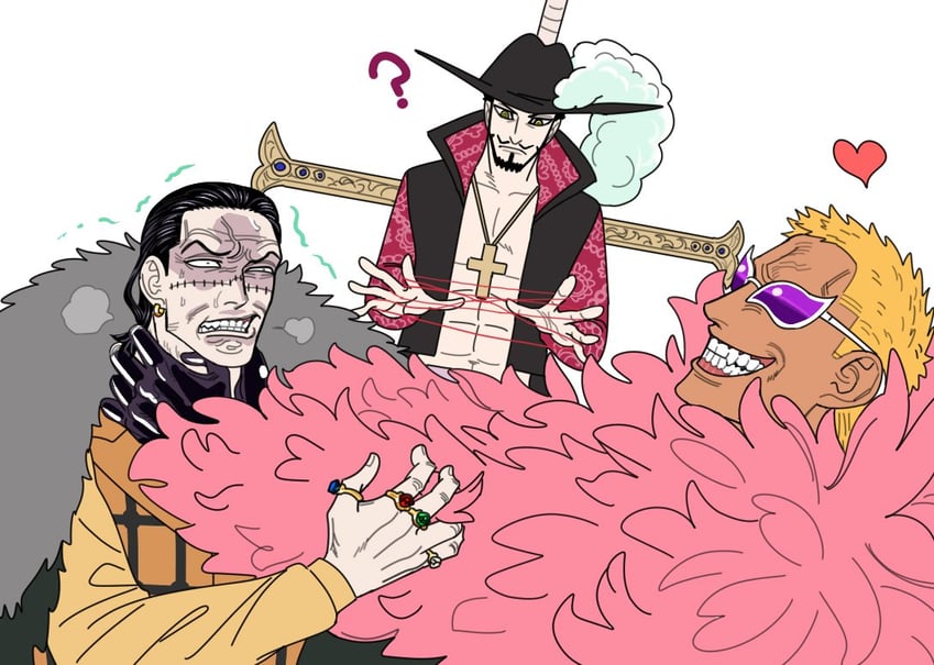 donquixote doflamingo, crocodile, and dracule mihawk (one piece) drawn by mg_cls