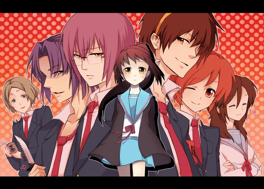kyonko, koizumi itsuki, suzumiya haruhiko, nagato yuuki, asahina mitsuru, and 2 more (suzumiya haruhi no yuuutsu) drawn by genmai