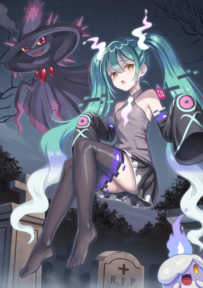 hatsune miku, litwick, mismagius, and ghost miku (pokemon and 2 more) drawn by tsukimi_seiya