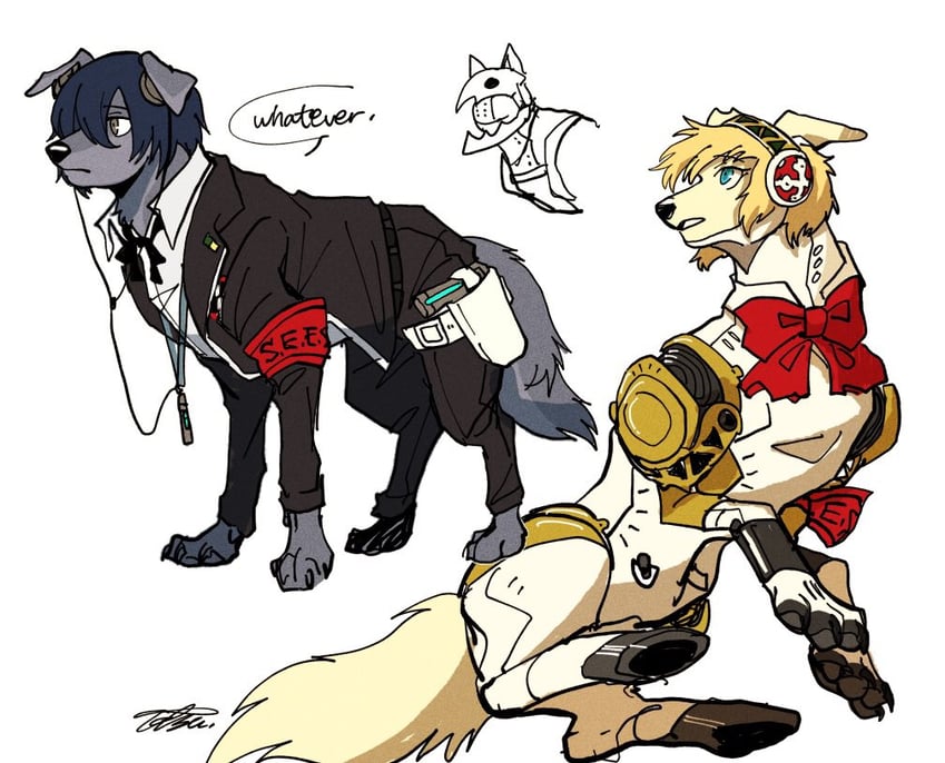 yuuki makoto, aigis, and thanatos (persona and 1 more) drawn by axontatsu