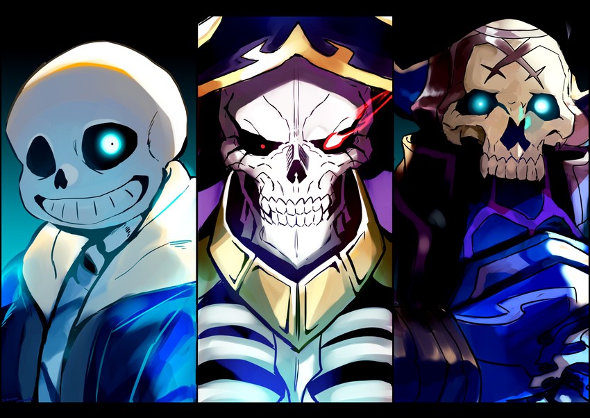 sans, king hassan, and ainz ooal gown (fate and 3 more) drawn by sakusan_yousoeki