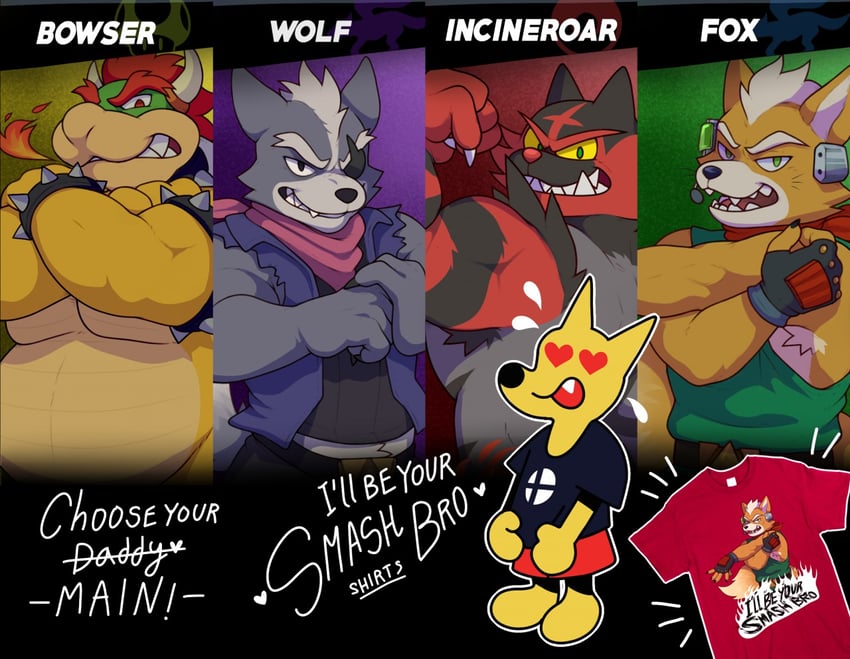 bowser, incineroar, fox mccloud, and wolf o'donnell (pokemon and 3 more) drawn by glitter-trap-boy