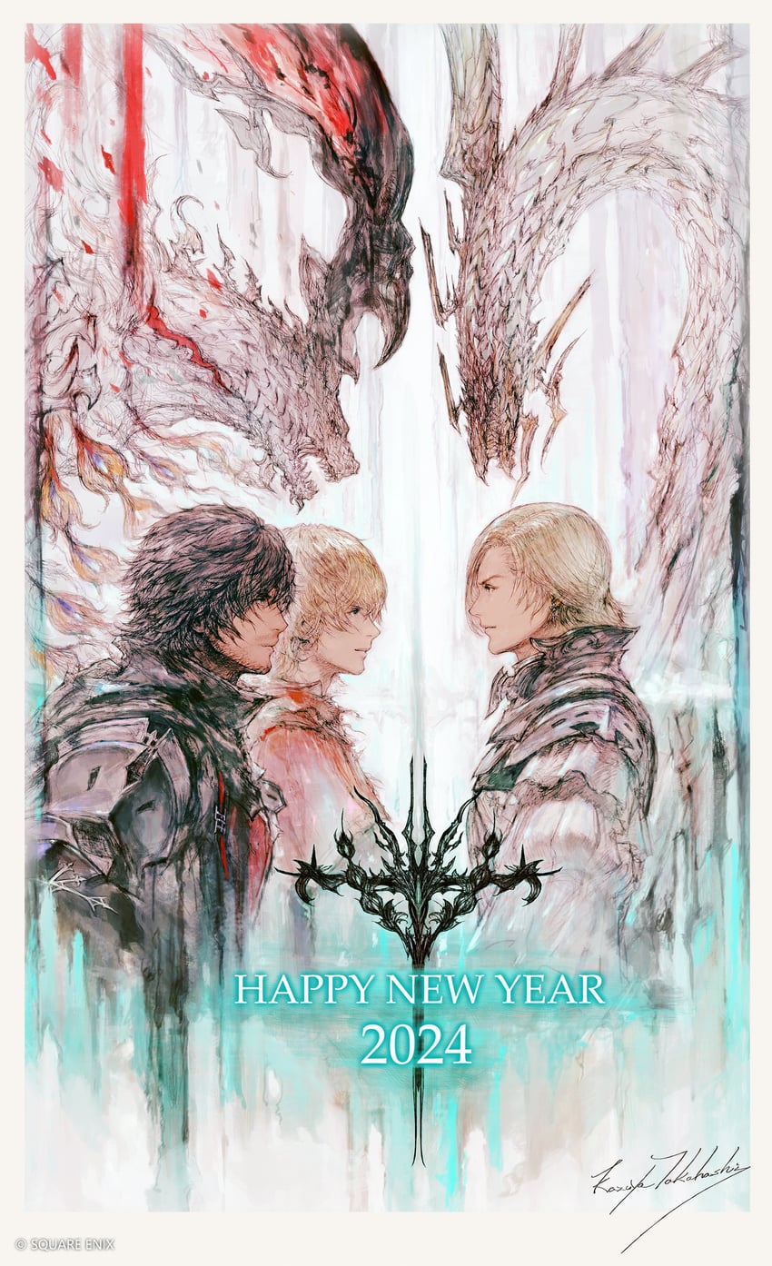 clive rosfield, dion lesage, joshua rosfield, bahamut, ifrit, and 1 more (final fantasy and 1 more) drawn by takahashi_kazuya