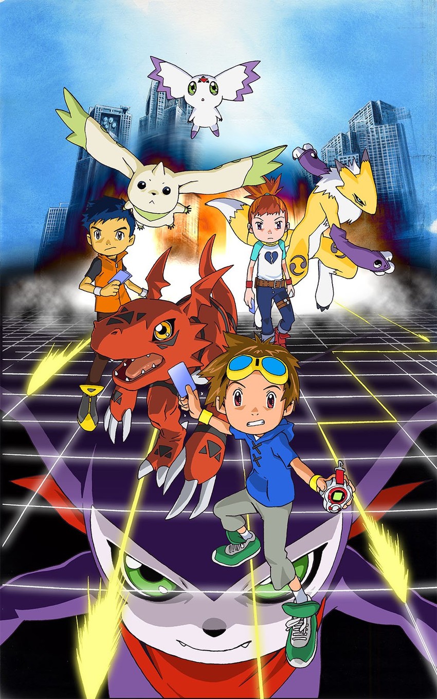 renamon, terriermon, makino ruki, guilmon, impmon, and 3 more (digimon and 1 more) drawn by nakatsuru_katsuyoshi