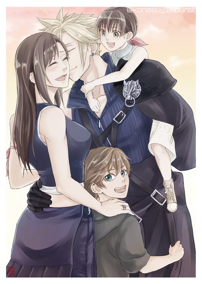 tifa lockhart, cloud strife, marlene wallace, fenrir, and denzel (final fantasy and 2 more) drawn by konasu_01burst