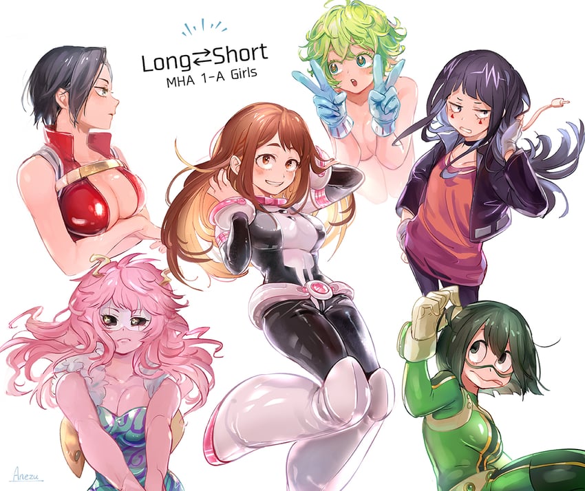 uraraka ochaco, asui tsuyu, yaoyorozu momo, ashido mina, jiro kyoka, and 1 more (boku no hero academia) drawn by anezu