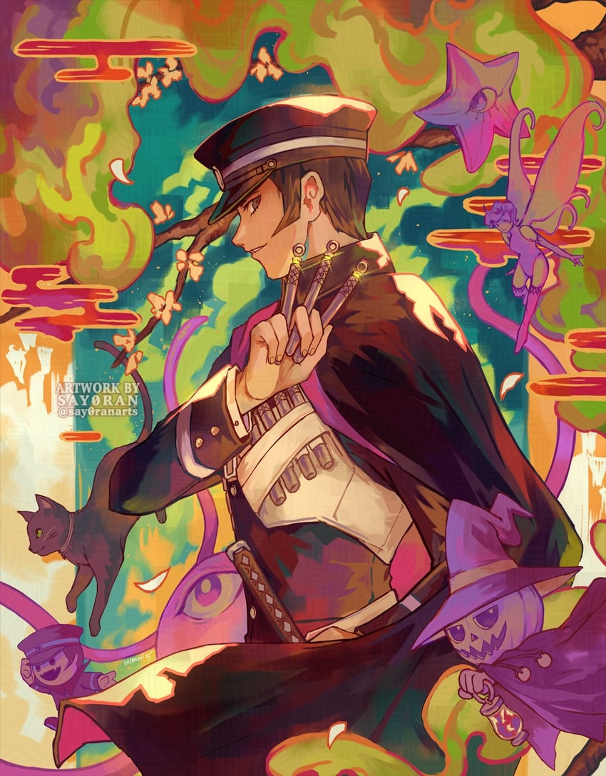 kuzunoha raidou, pixie, pyro jack, gouto, decarabia, and 2 more (devil summoner and 1 more) drawn by say0ran