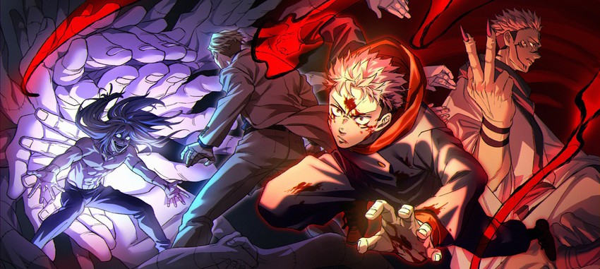 itadori yuuji, ryoumen sukuna, nanami kento, and mahito (jujutsu kaisen) drawn by kayoko_(panchlora)