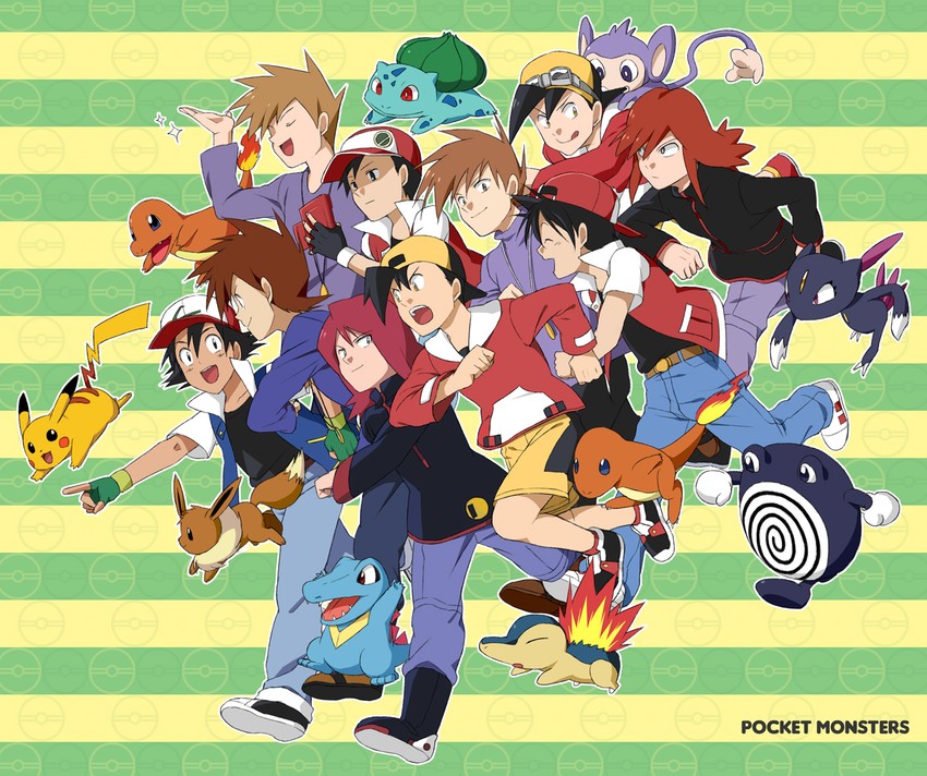 pikachu, ash ketchum, red, eevee, ethan, and 10 more (pokemon and 4 more) drawn by koma_yoichi