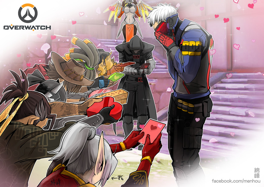 mercy, player character, soldier: 76, genji, reaper, and 4 more (overwatch and 3 more) drawn by menhou