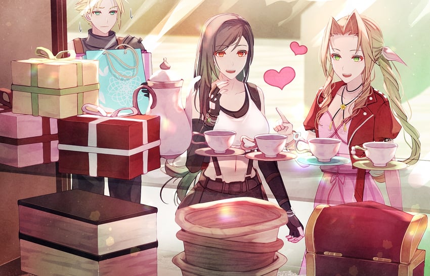 tifa lockhart, cloud strife, and aerith gainsborough (final fantasy and 2 more) drawn by mirrorclew
