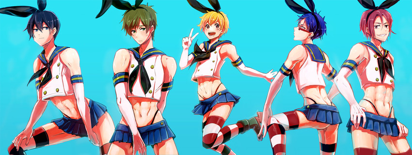 shimakaze, tachibana makoto, nanase haruka, matsuoka rin, hazuki nagisa, and 1 more (kantai collection and 1 more) drawn by rayu
