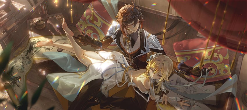 lumine and zhongli (genshin impact) drawn by yaoyaoisiris