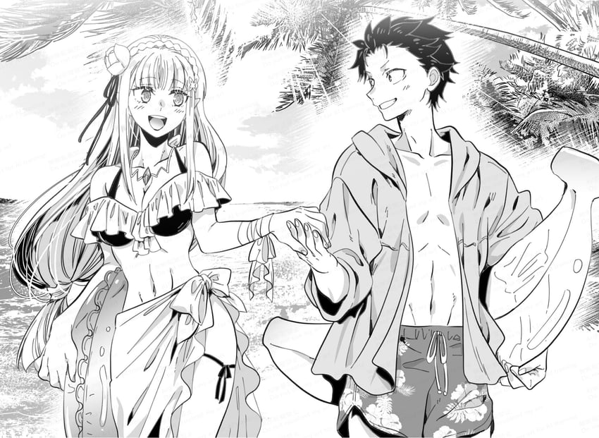 emilia and natsuki subaru (re:zero kara hajimeru isekai seikatsu) drawn by ikuhashi_muiko