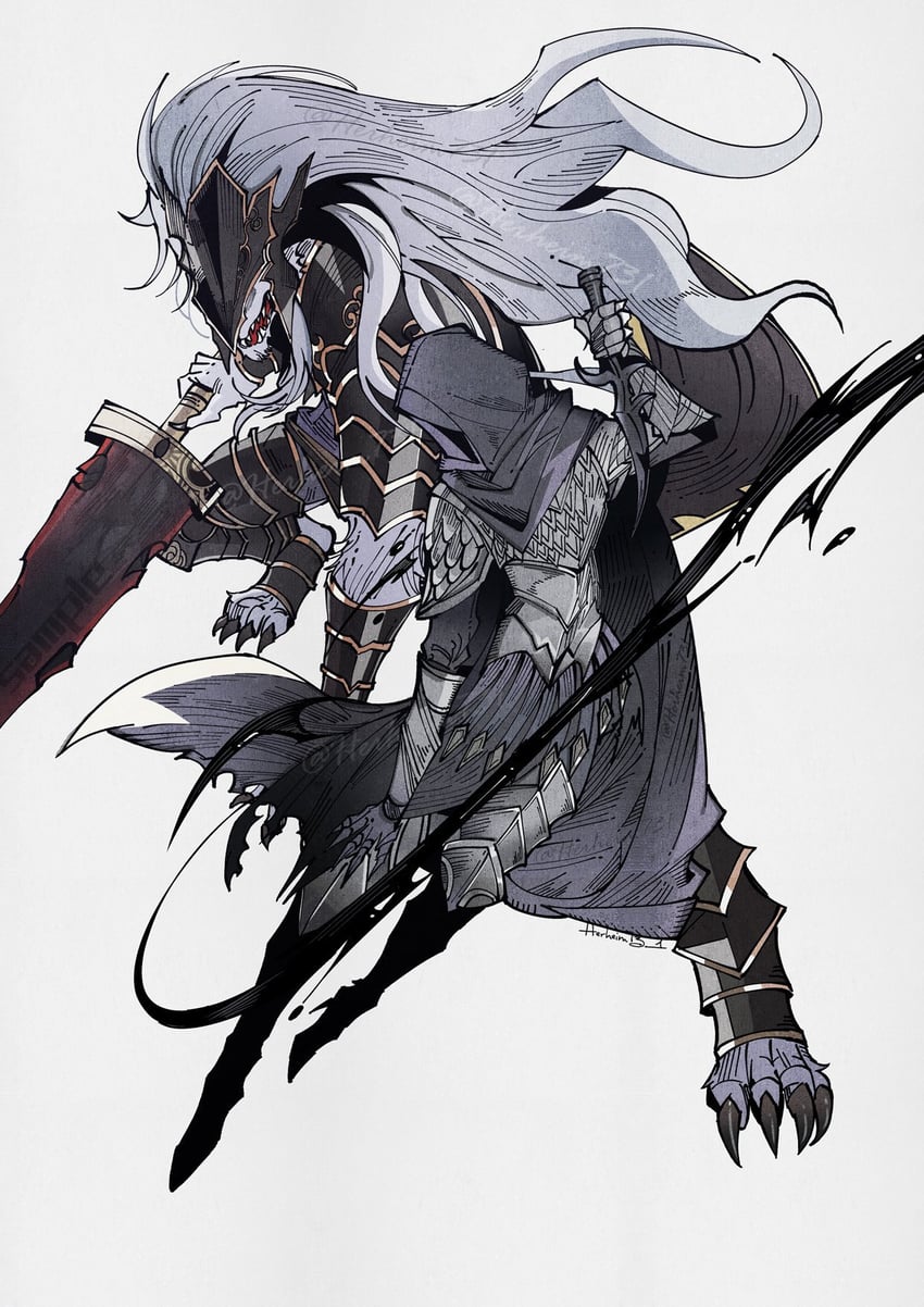 maliketh the black blade and black knife assassin (elden ring) drawn by herheim