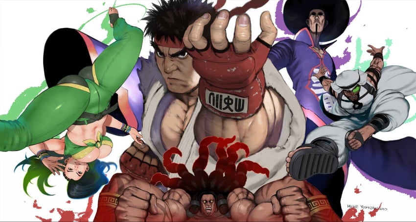 ryu, laura matsuda, rashid, f.a.n.g, and necalli (street fighter and 1 more) drawn by yoshizaki_mine