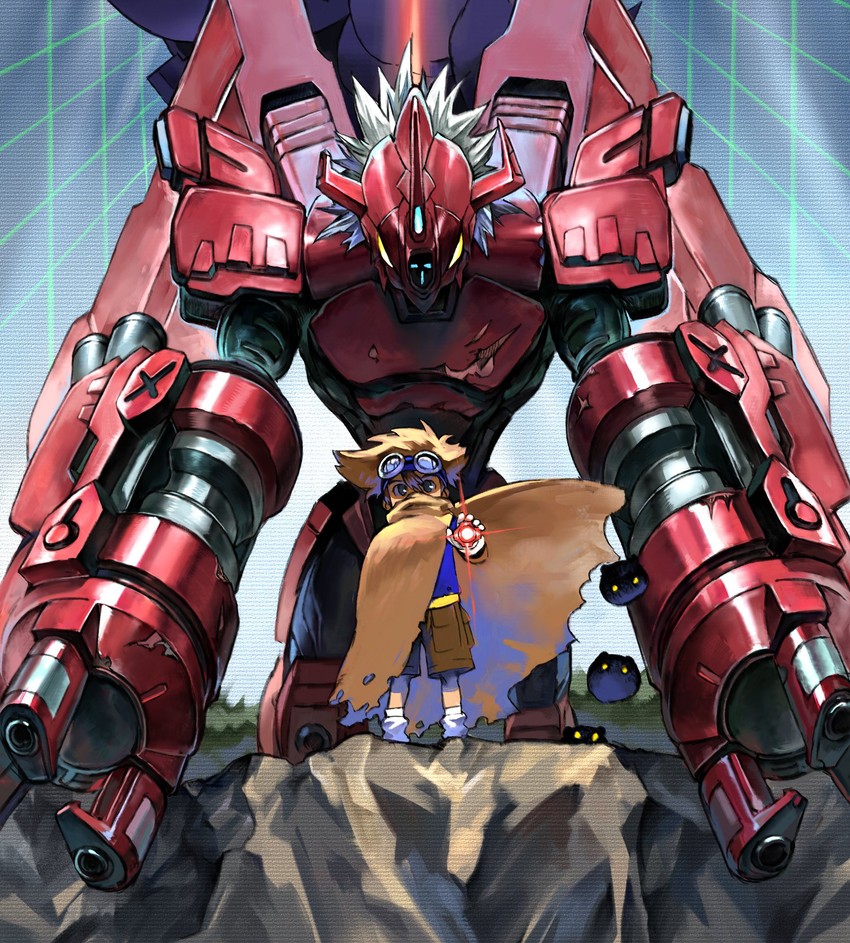yagami taichi, botamon, and blitzgreymon (digimon and 1 more) drawn by level-00