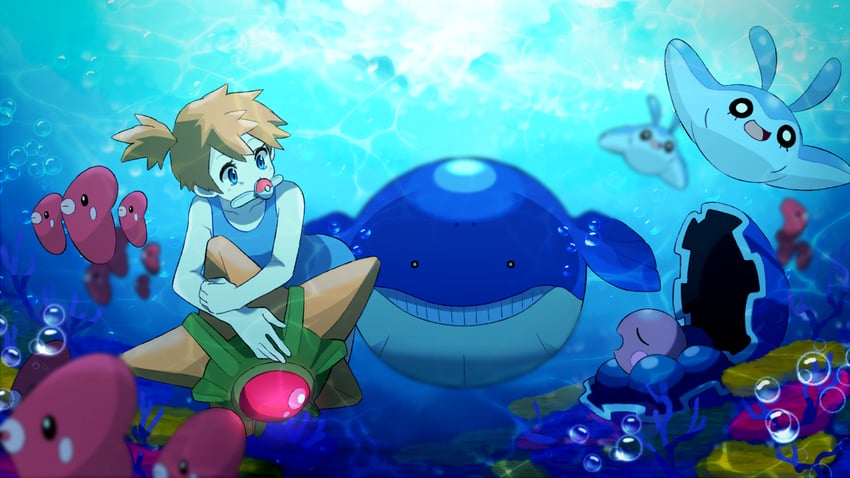 misty, luvdisc, staryu, wailmer, mantyke, and 1 more (pokemon and 1 more) drawn by nibochoro
