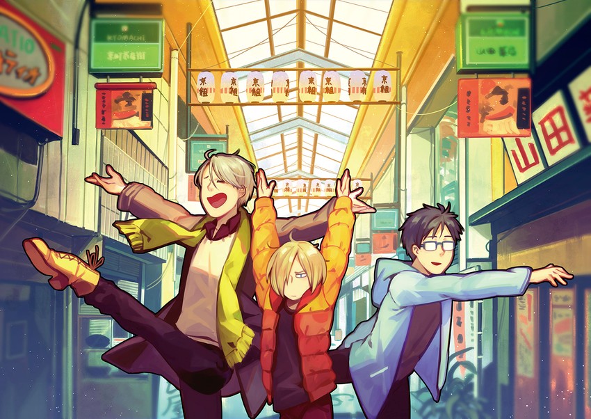 katsuki yuuri, viktor nikiforov, and yuri plisetsky (yuri!!! on ice) drawn by yuyu_(yuyudesu0806)