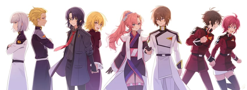 cagalli yula athha, athrun zala, lacus clyne, lunamaria hawke, kira yamato, and 3 more (gundam and 2 more) drawn by ymrxx_(kamihurai)