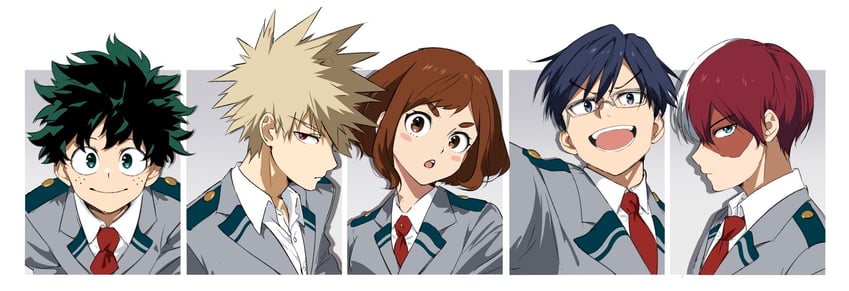 midoriya izuku, bakugou katsuki, uraraka ochaco, todoroki shoto, and iida tenya (boku no hero academia) drawn by konekutozzzzz
