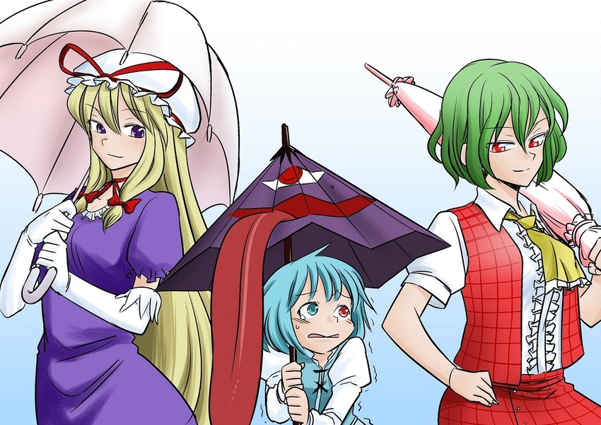 yakumo yukari, kazami yuuka, and tatara kogasa (touhou) drawn by fuuzasa