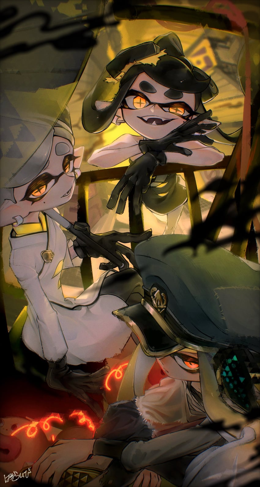 agent 3, callie, captain 3, zapfish, and marie (splatoon and 1 more) drawn by pakiraibi