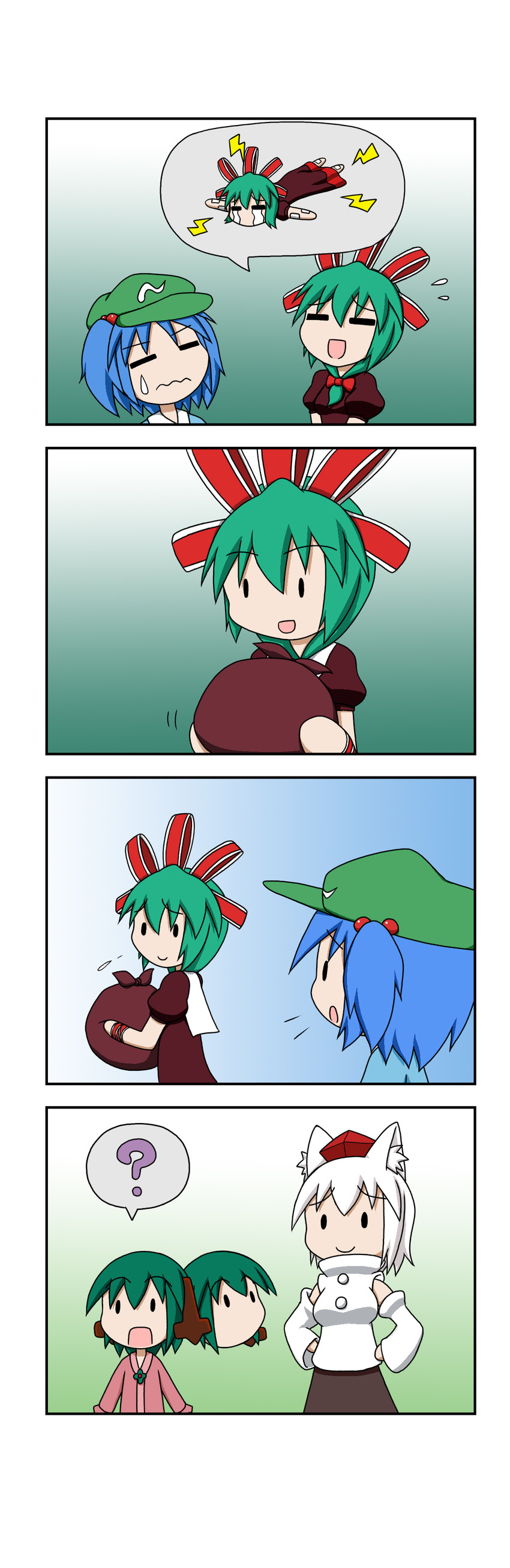 inubashiri momiji, kawashiro nitori, kagiyama hina, and kasodani kyouko (touhou) drawn by rakugaki-biyori