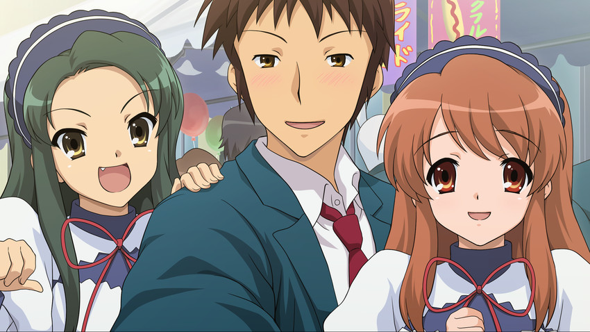 asahina mikuru, kyon, and tsuruya (suzumiya haruhi no yuuutsu and 2 more)