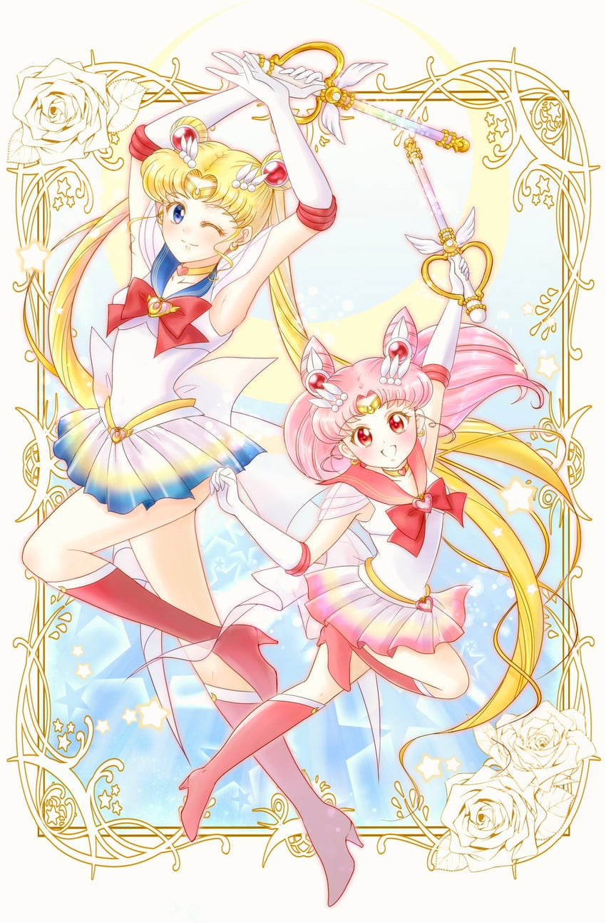 tsukino usagi, sailor moon, chibi usa, sailor chibi moon, super sailor moon, and 1 more (bishoujo senshi sailor moon and 1 more) drawn by shiiba_itsuki