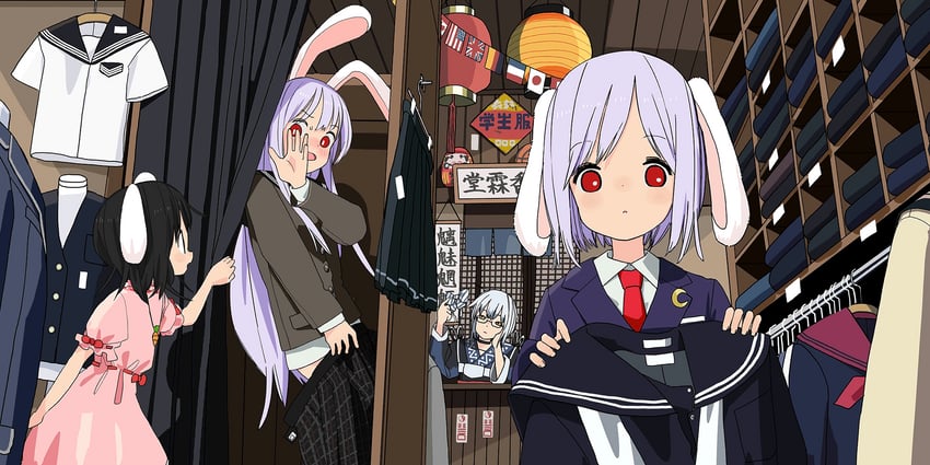reisen udongein inaba, inaba tewi, morichika rinnosuke, and reisen (touhou and 1 more) drawn by kumanoi_(nichols)