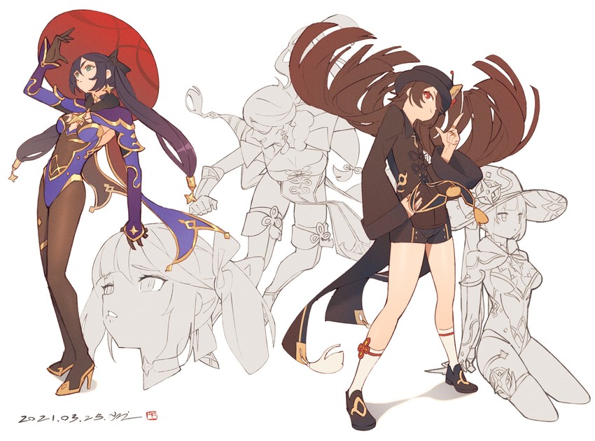 hu tao, mona, and beidou (genshin impact) drawn by yan_wan