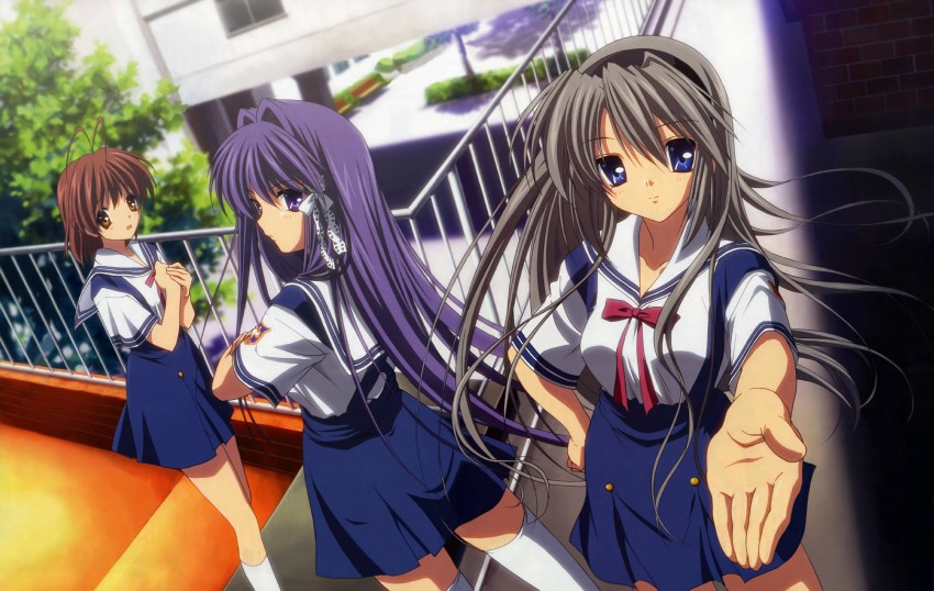 furukawa nagisa, fujibayashi kyou, and sakagami tomoyo (clannad) drawn by ikeda_kazumi