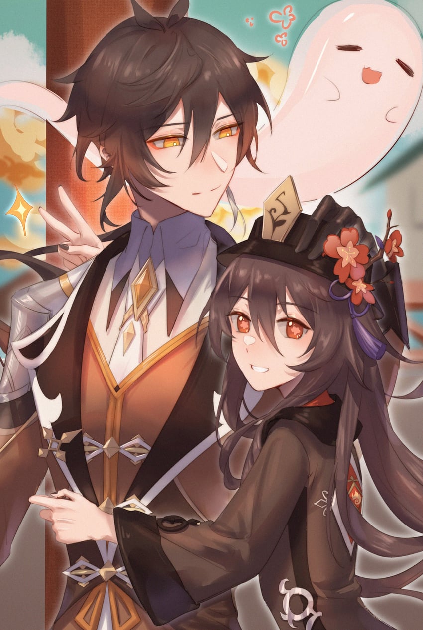 hu tao, zhongli, and boo tao (genshin impact) drawn by ppttlyr
