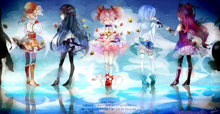 akemi homura, kaname madoka, miki sayaka, sakura kyoko, tomoe mami, and 1 more (mahou shoujo madoka magica) drawn by isa_(suisuihoi)