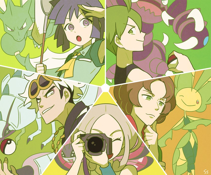 guzma, golisopod, viola, vivillon, bugsy, and 5 more (pokemon and 5 more) drawn by ssalbulre