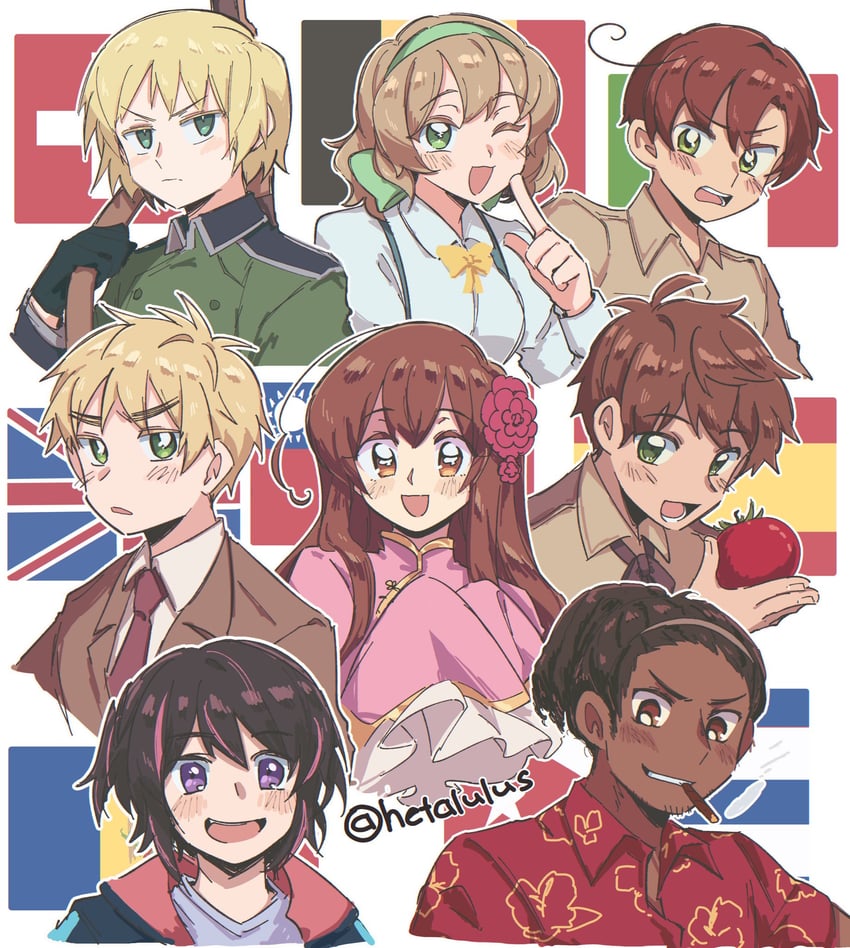 united kingdom, taiwan, spain, southern italy, belgium, and 3 more (axis powers hetalia) drawn by hetalulus