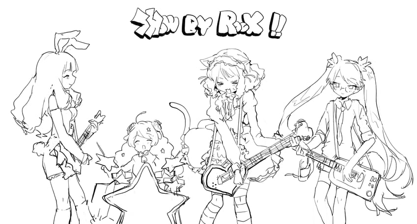 cyan, retoree, chuchu, moa, and strawberry heart (show by rock!!) drawn by suiso_(owp)
