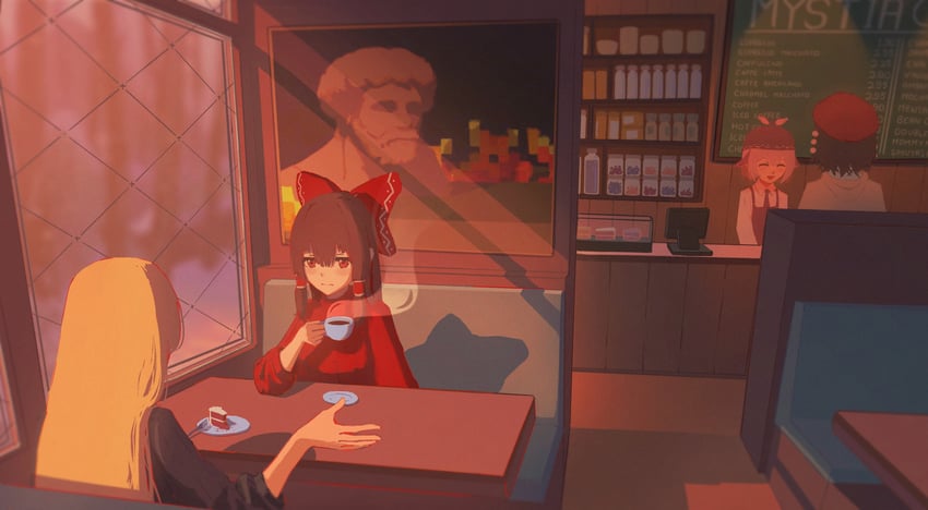 hakurei reimu, kirisame marisa, shameimaru aya, and mystia lorelei (touhou and 1 more) drawn by powocy