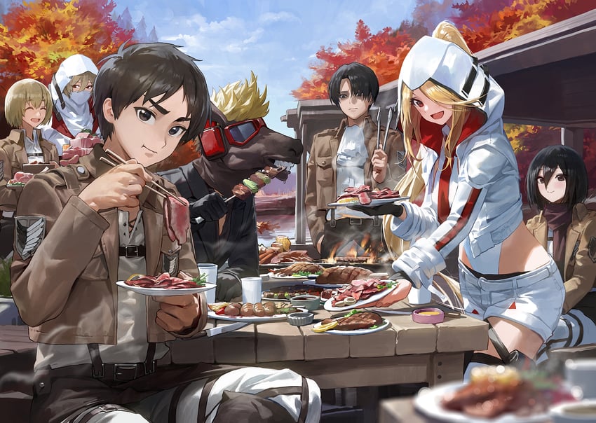 mikasa ackerman, eren yeager, levi, and armin arlert (shingeki no kyojin and 1 more) drawn by modare