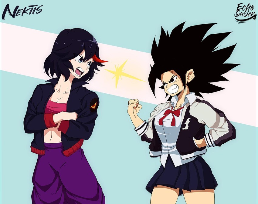matoi ryuuko, senketsu, and caulifla (dragon ball and 2 more) drawn by echo_saber