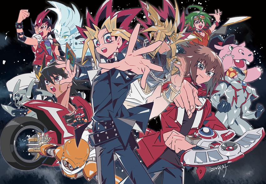 yuki judai, fudo yusei, muto yugi, sakaki yuya, kuriboh, and 7 more (yu-gi-oh! and 5 more) drawn by ekawa_kanako