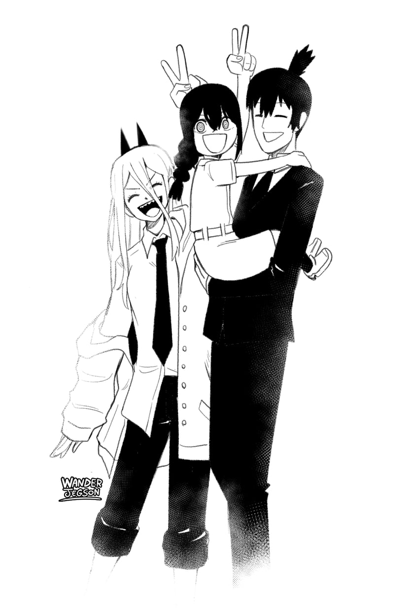 power, hayakawa aki, and nayuta (chainsaw man) drawn by wanderjegson