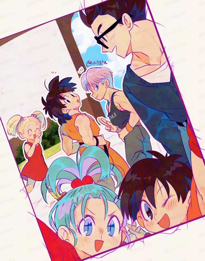 son gohan, trunks, pan, son goten, bra, and 1 more (dragon ball and 1 more) drawn by tokuura