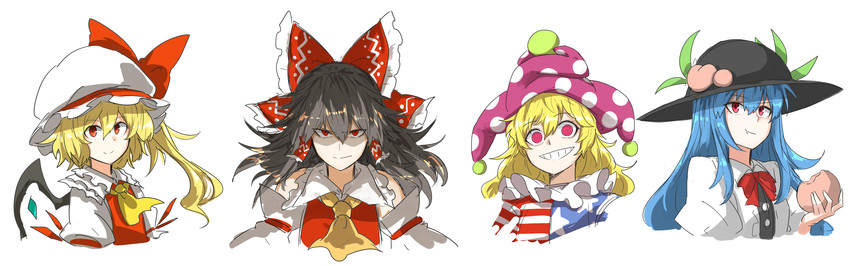 hakurei reimu, flandre scarlet, hinanawi tenshi, and clownpiece (touhou) drawn by kankan33333