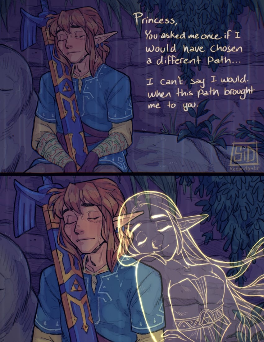 link and princess zelda (the legend of zelda and 1 more) drawn by redundantz