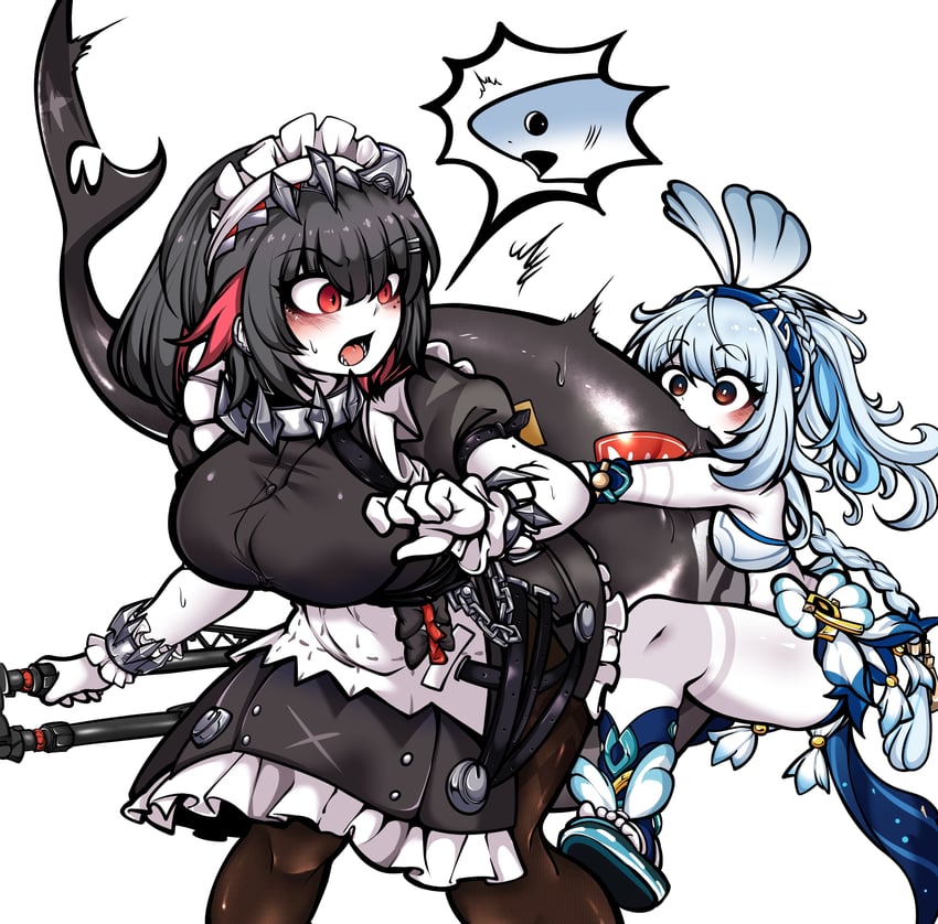 ellen joe and mualani (genshin impact and 2 more) drawn by uncolorcube