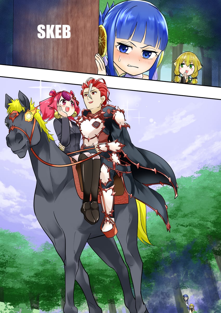 hu-li the jewel mikanko, ni-ni the mirror mikanko, ha-re the sword mikanko, and infernoble knight renaud (yu-gi-oh!) drawn by sawan_cutman